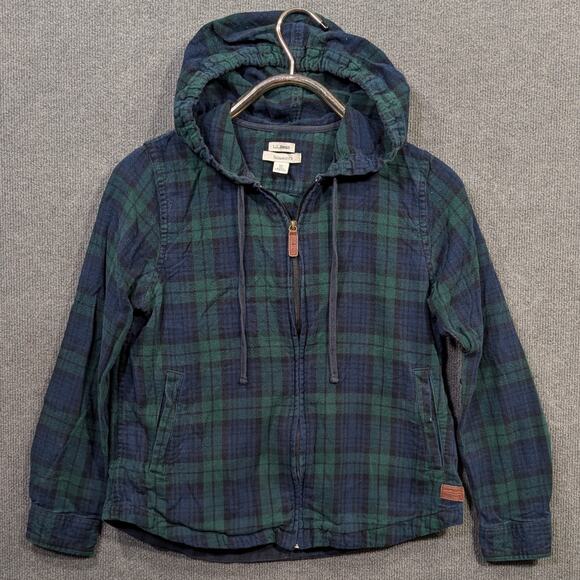 LL Bean Scotch Plaid Flannel Hoodie Womens XS Petite Shirt Relaxed Fit Outdoor - Picture 1 of 13